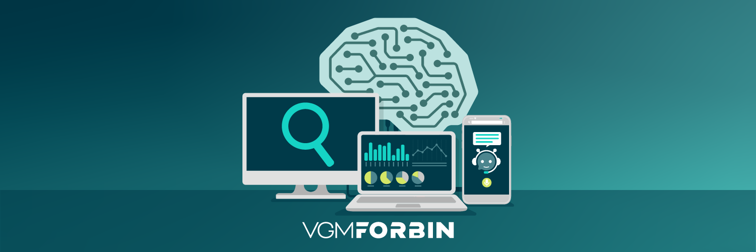 desktop monitor with a magnifying glass icon, a laptop displaying data charts, and a smartphone with a chatbot icon, all in front of a brain graphic