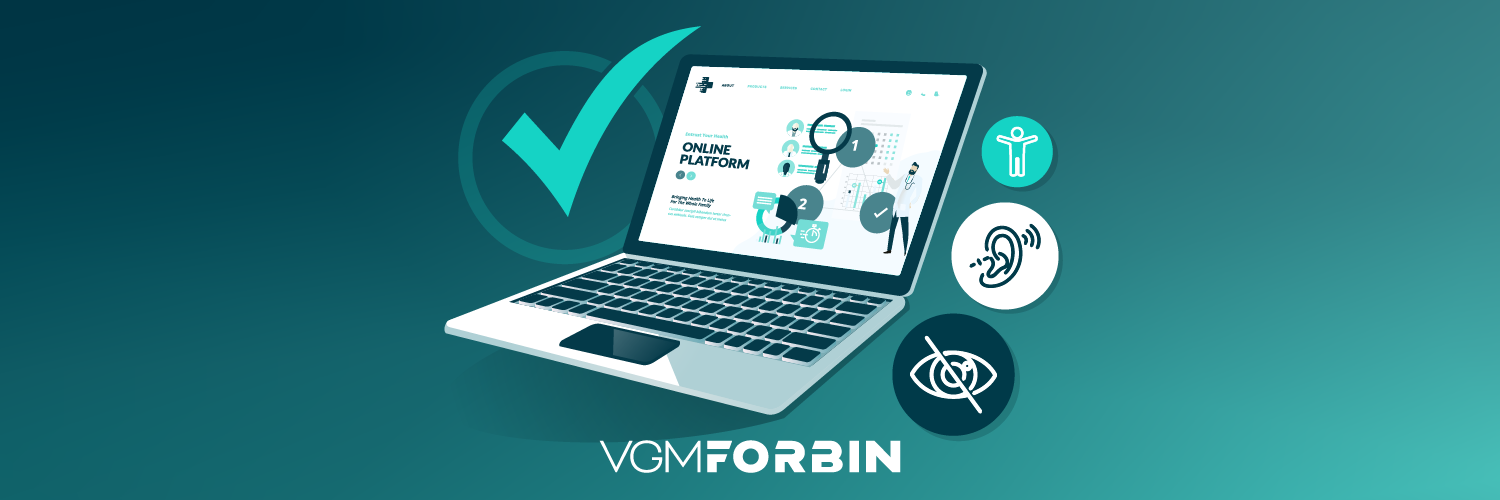 Laptop surrounded by icons representing digital accessibility features, with a checkmark and VGM Forbin branding