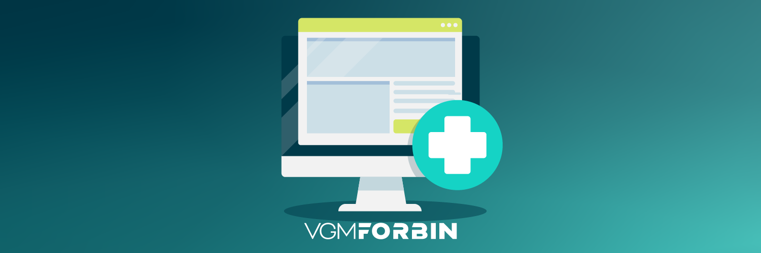 Illustration of desktop computer screen with website on it with a healthcare plus sign and VGM Forbin logo