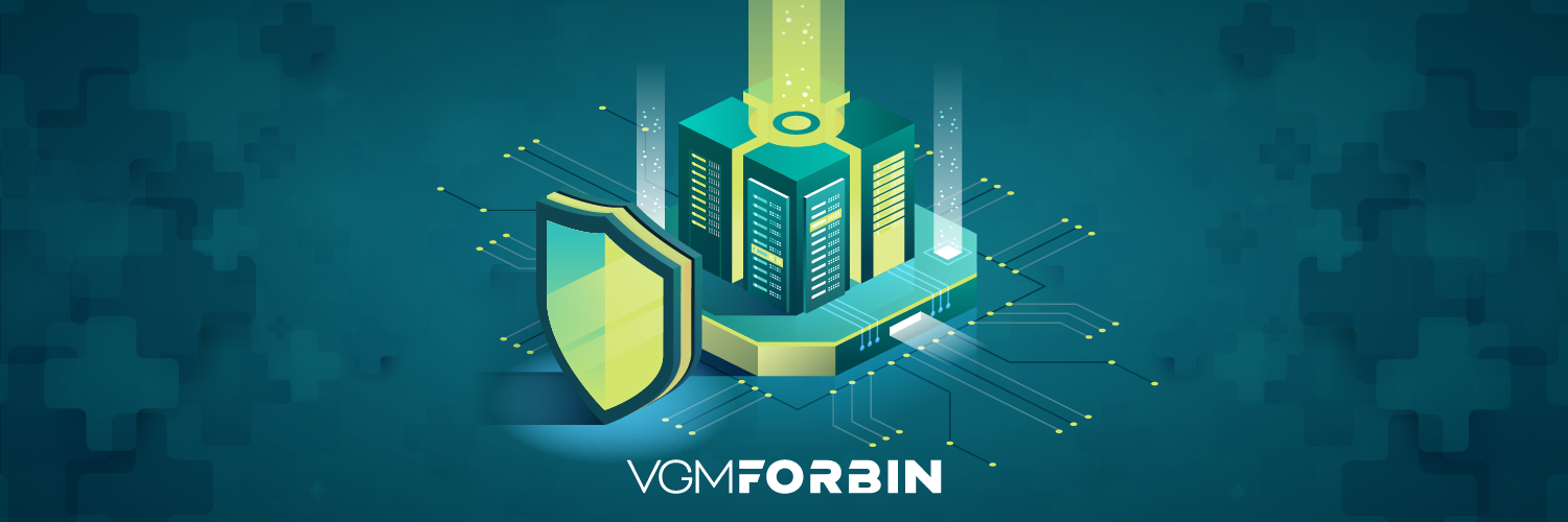 Abstract illustration of secure healthcare data with security badge and cyber theme