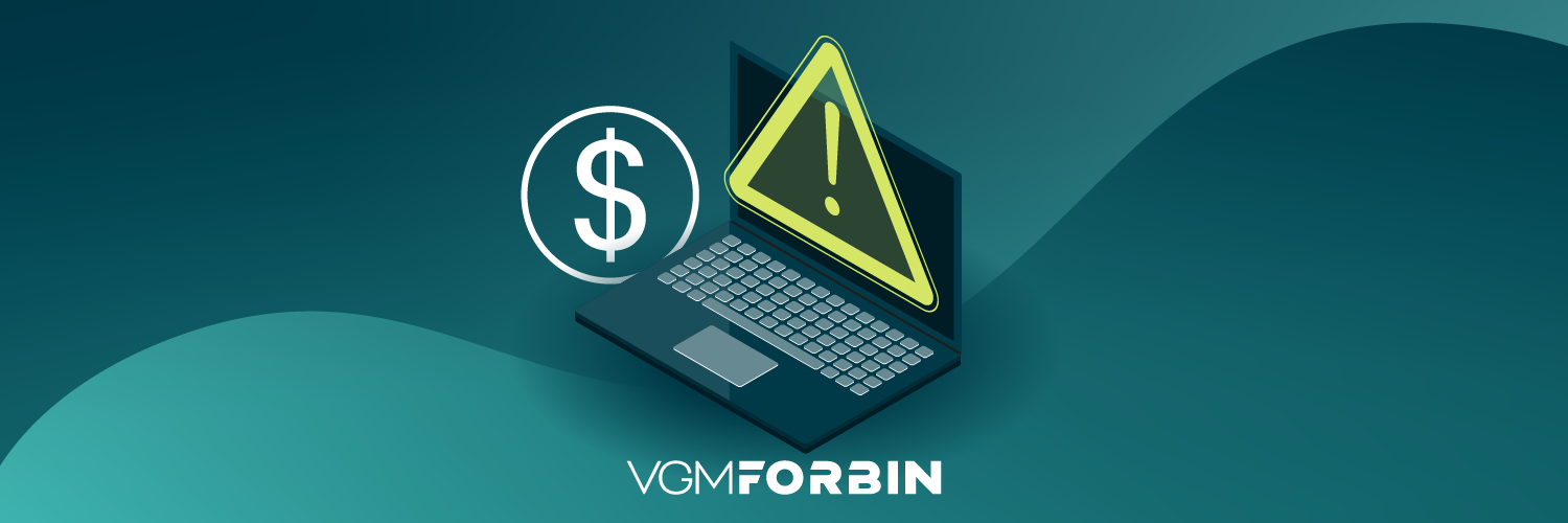 laptop displaying a yellow warning triangle with an exclamation point on the screen and a dollar sign next to the laptop