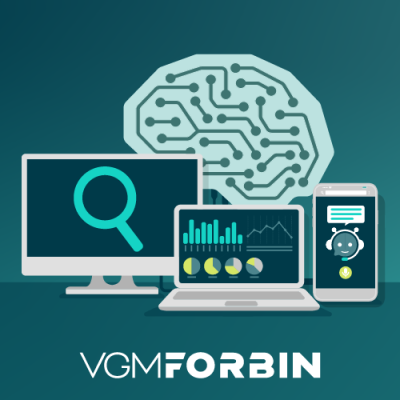 desktop monitor with a magnifying glass icon, a laptop displaying data charts, and a smartphone with a chatbot icon, all in front of a brain graphic
