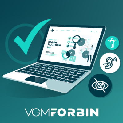 Laptop surrounded by icons representing digital accessibility features, with a checkmark and VGM Forbin branding.