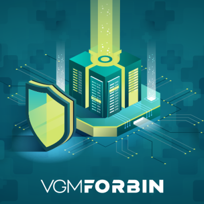 Abstract illustration of secure healthcare data with security badge and cyber theme