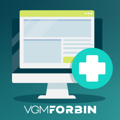 Illustration of desktop computer screen with website on it with a healthcare plus sign and VGM Forbin logo