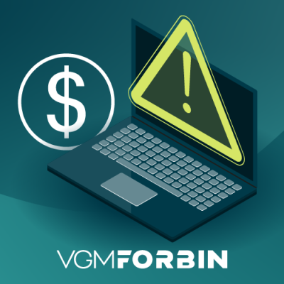 laptop displaying a large yellow warning triangle with an exclamation point on the screen. A dollar sign icon appears beside the laptop, 