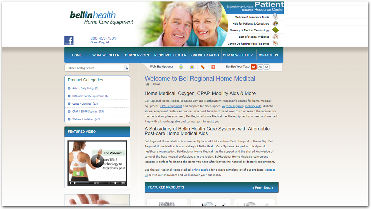 Screenshot of 2013 Bellin Health Home Care Equipment website