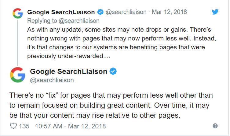 Screenshot of March 2018 Tweet from Google SearchLiaison