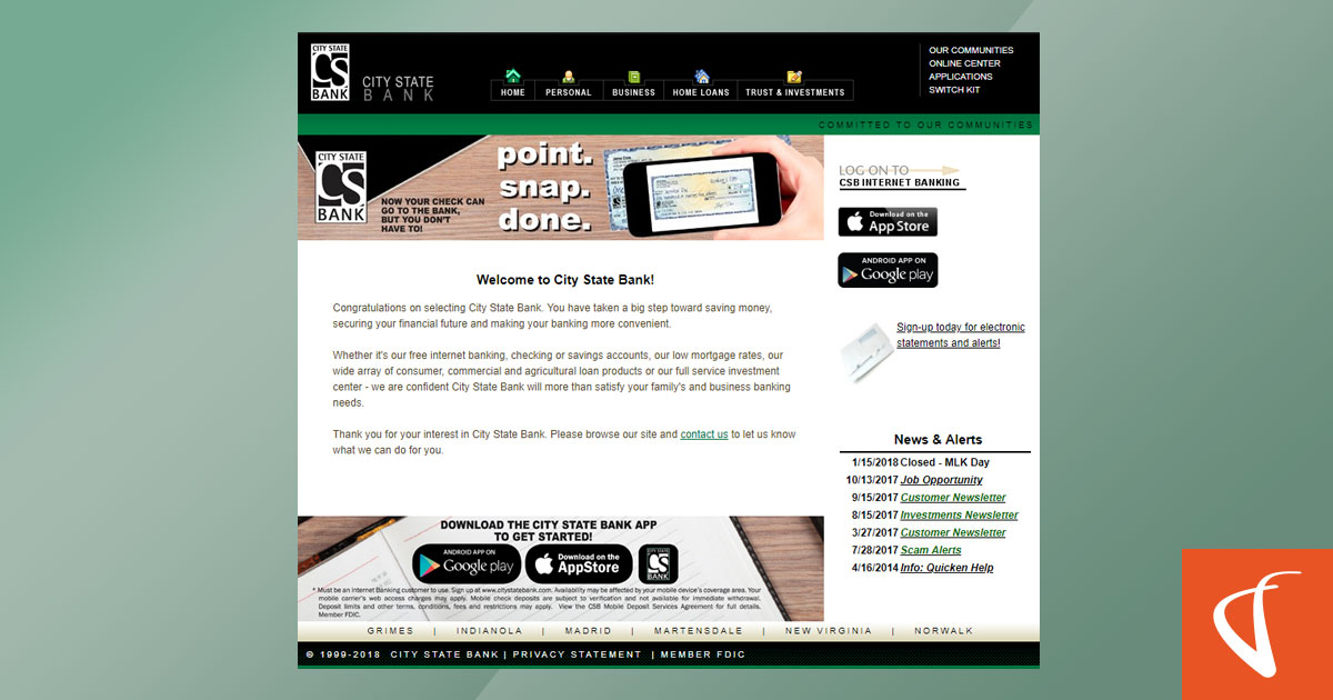 Screenshot of old City State Bank Website