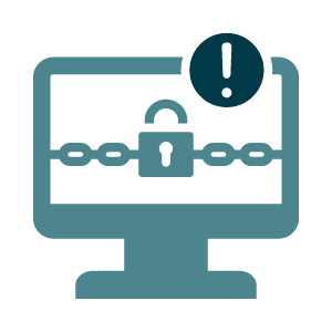 Computer screen with chain link fence and padlock across it with an exclamation point on top