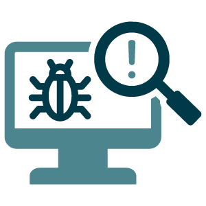 Computer screen with a bug on it and a magnifying glass that has an exclamation point in it