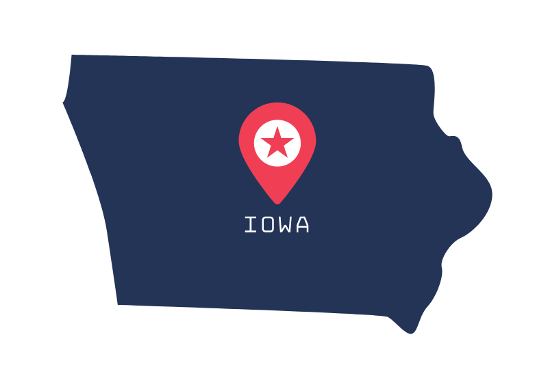 Illustration of the State of Iowa with a star location pin in the middle