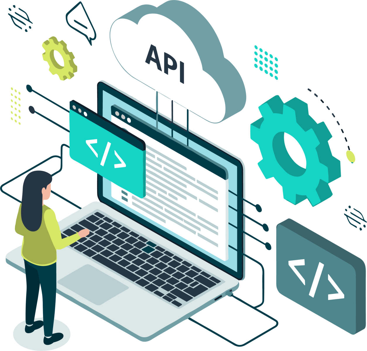 vector image of laptop computer with system integration icons and apis