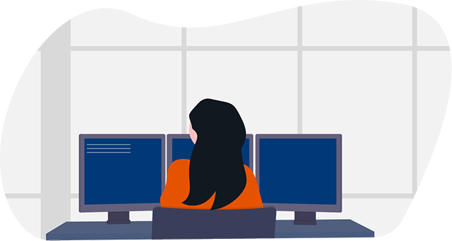 illustration of a lady looking at 3 computer monitors